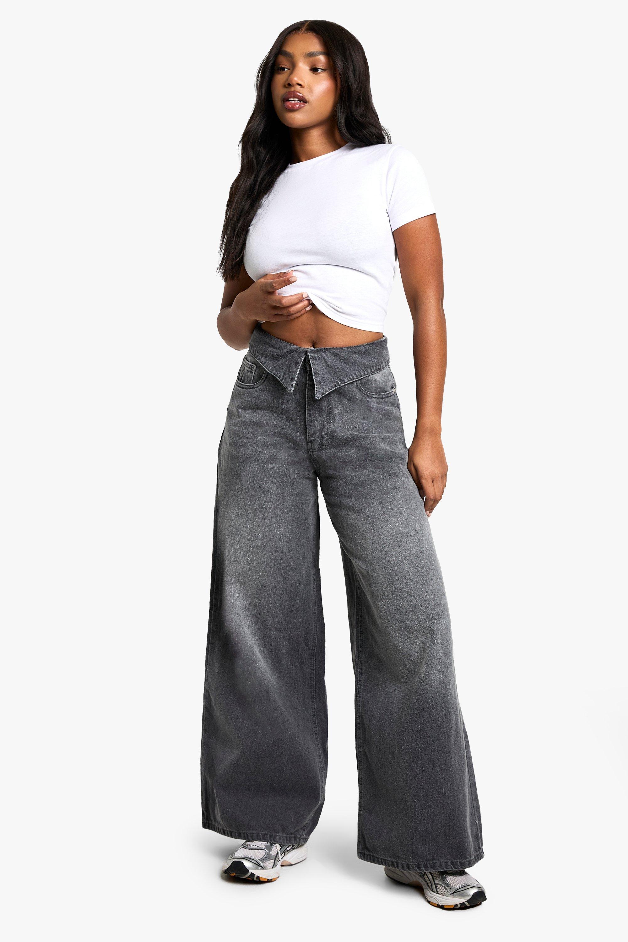 Boohoo Gebleekte Grijze Wide Leg Jeans Met Tailleband En Vouw, Grey