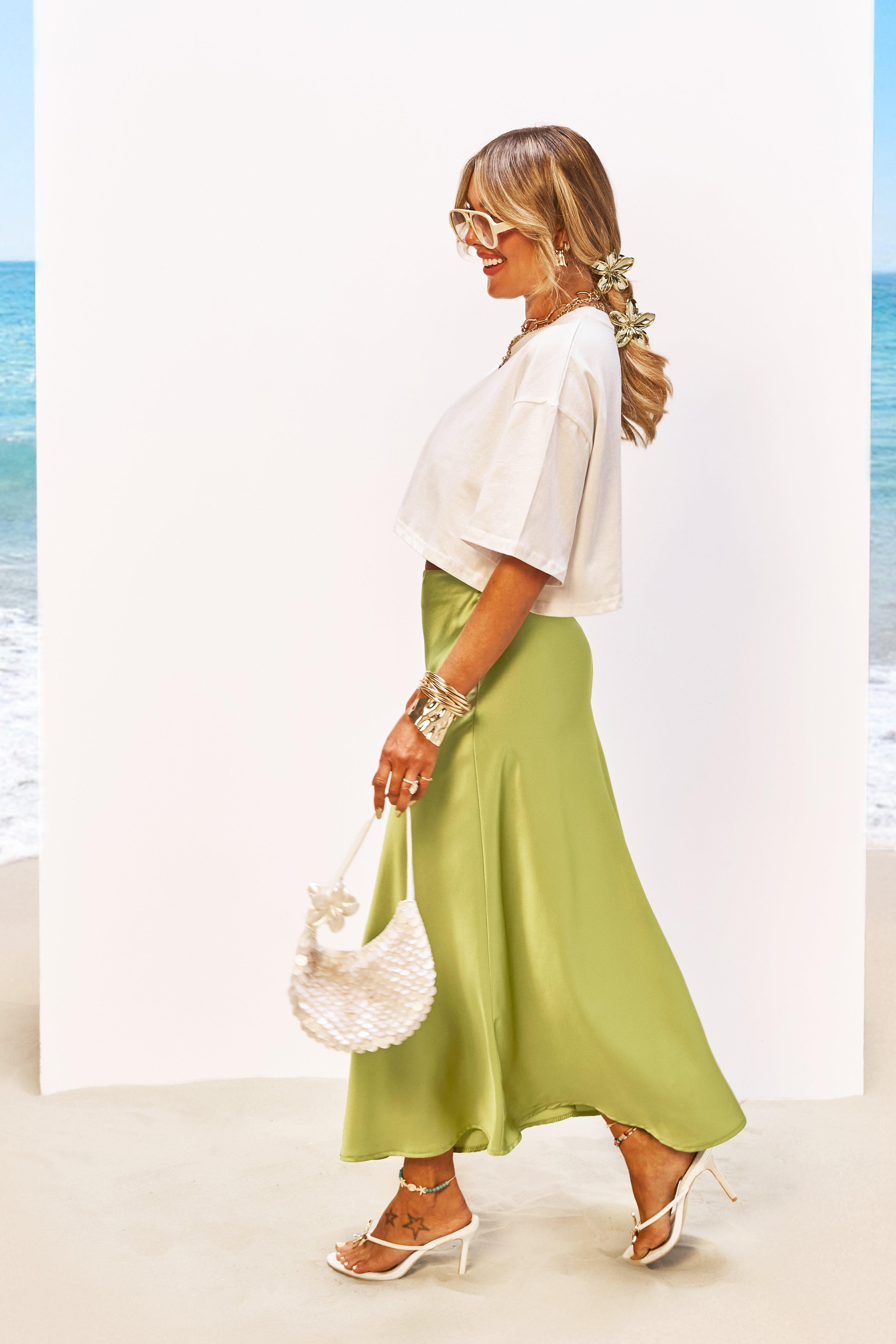 Boohoo Satijnen Midaxi Rok, Olive