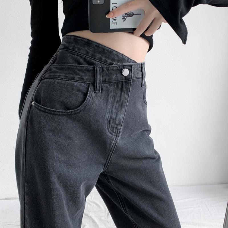 VantaGoods Dames Zwarte en Grijze Hoge Taille Rechte Jeans - Slim Fit, Drape Losse, Lange Broek Small