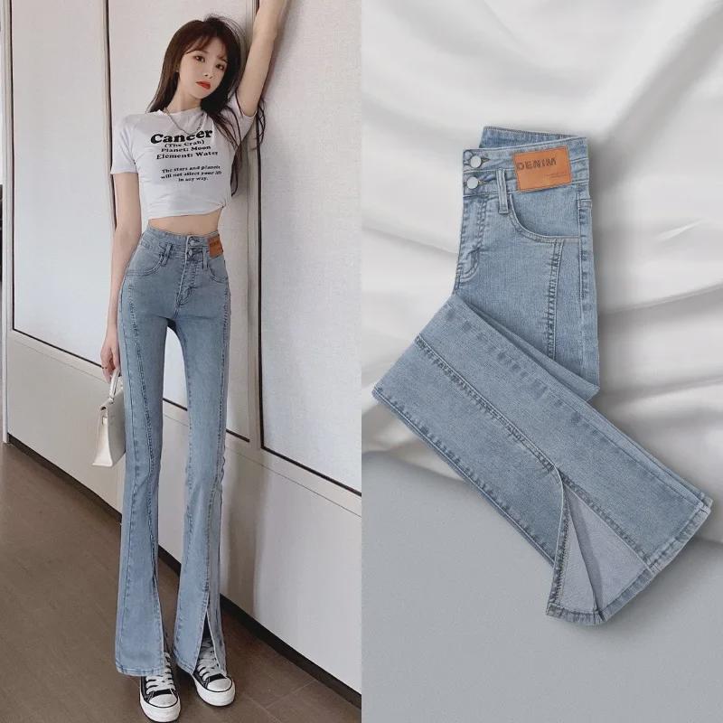 VantaGoods 2023 Dames Lichte Kleur Elastische Flared Jeans - Slanke, Vloer-Lengte, Split Wijde Broek 26