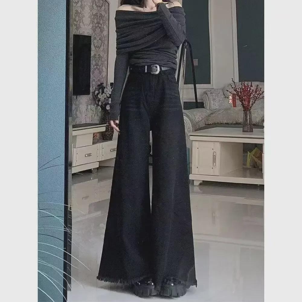 VantaGoods Dames High-Waist Zwart & Grijs Wijde Pijpen Jeans, Lente/Herfst 2024 Retro Losse Drape Rok Broek Medium grijze kleur/zwart