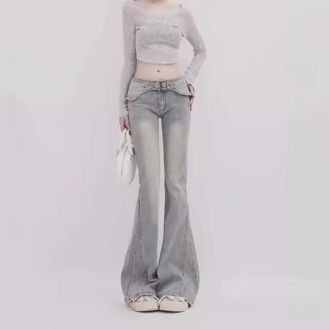 VantaGoods Retro Amerikaanse wijde flared jeans met klinknagelriemontwerp M lichtblauwe kleur