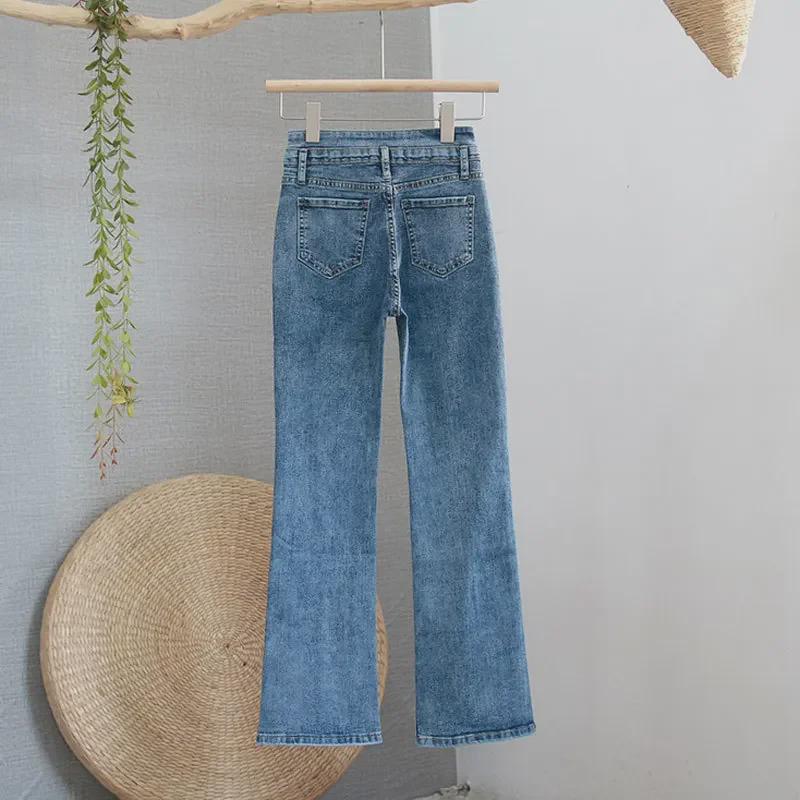 VantaGoods Petite High-Waist Flared Denim Broek met Dubbel Knoop Elastisch Ontwerp Large