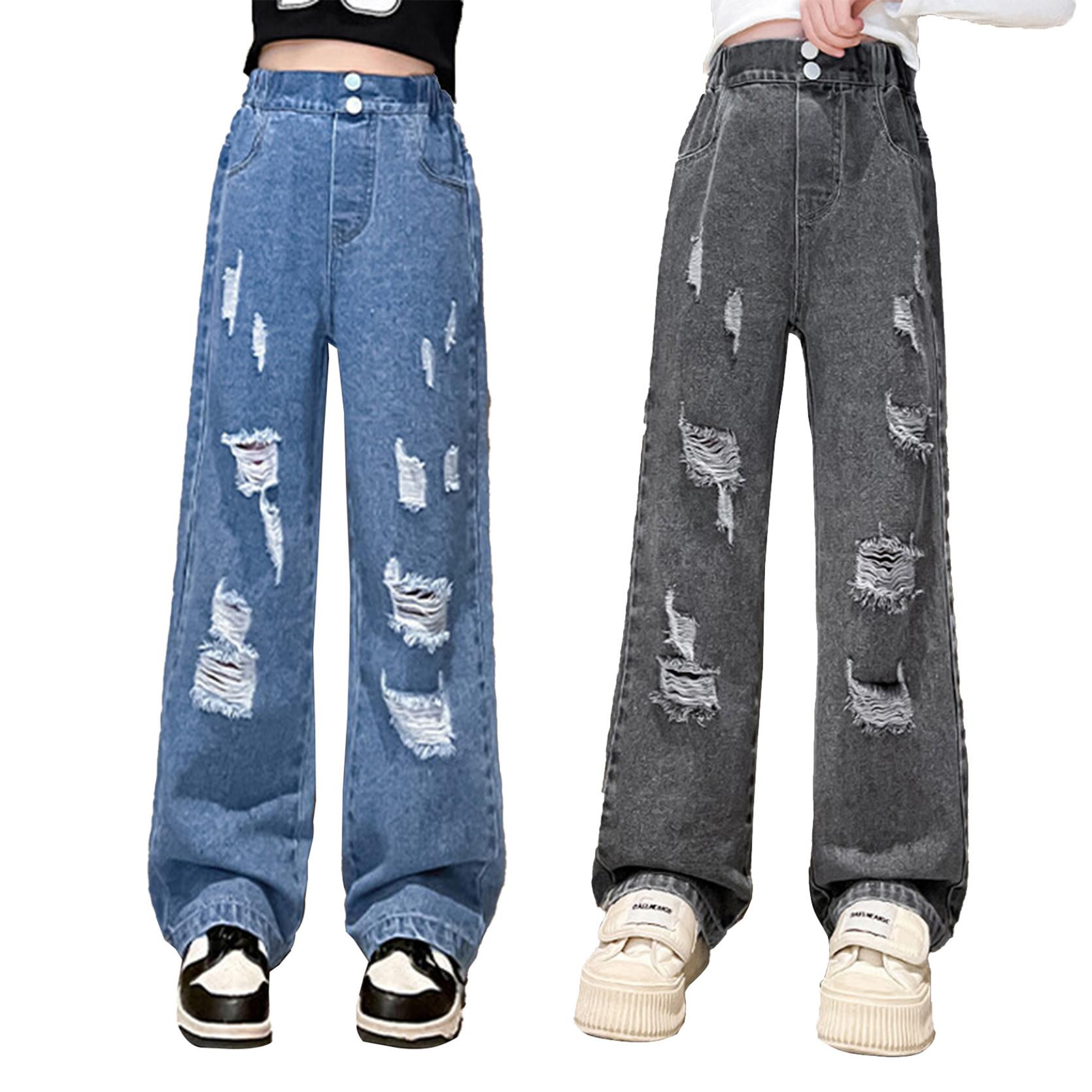 IEFiEL Casual kinderkleding Losse broek voor meisjes Hoge taille gescheurde denim lange broek met wijde pijpen 9-10 Years donkergrijze kleur