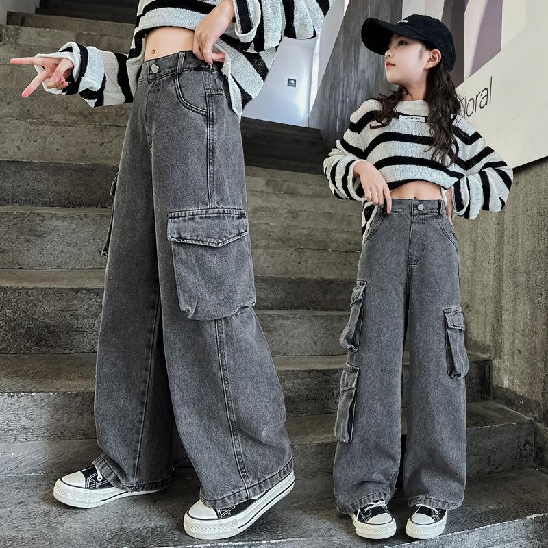 Landon Tienermeisjes Wijde Broek Cargo Jeans Herfst Mode Kinderen Casual Denim Broeken School Jonge Kinderen Rechte Baggy Broeken 15Y 150 grijs