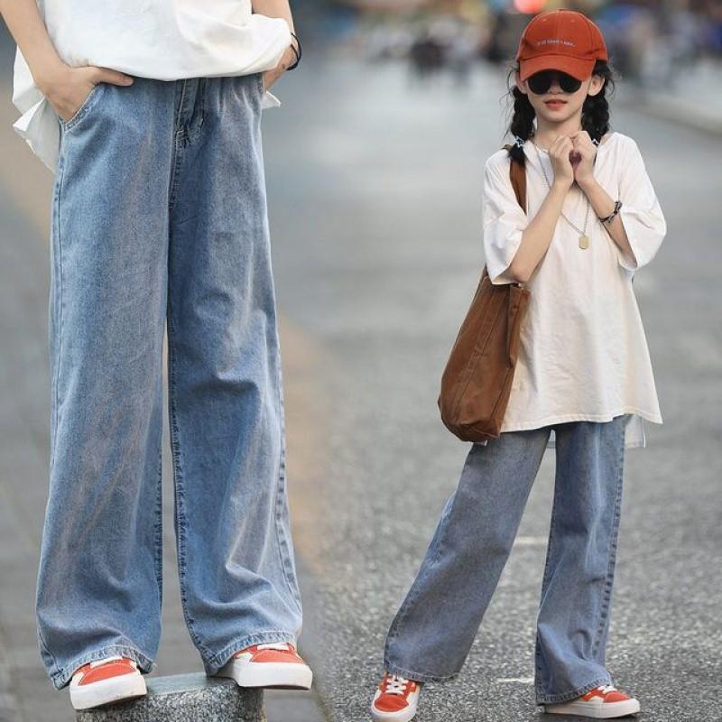 Ladie KAKA Meisjes Jeans Dunne Herfst Broek Casual Rechte Broek Grote Kinderen Zachte Losse Wijde Broek 120 blauw