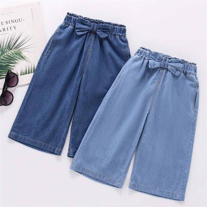 HOTDOG Meisjes Zomer Dunne Sectie Wijde Pijpen Jeans voor Kleine en Middelgrote Kinderen Effen Kleur Ontwerp Strik Losse Negen-minuten Broek 120 donkerblauwe kleur