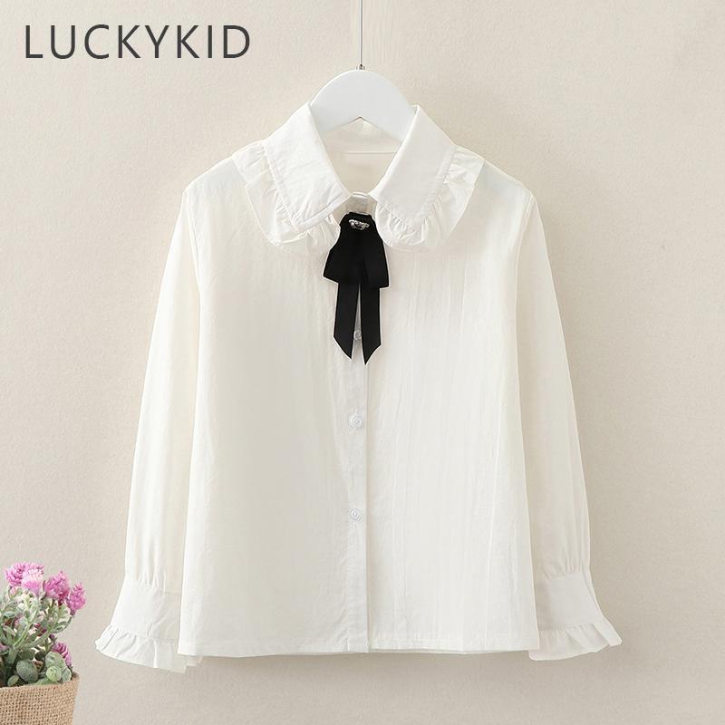 G.DUCK KIDS Preppy Stijl Meisjes Shirts voor Kinderkleding Herfst Lange Mouw Meisjes Katoenen Shirt Kinderkleding Strik Tiener Tops voor 6 8 10Y 160 wit