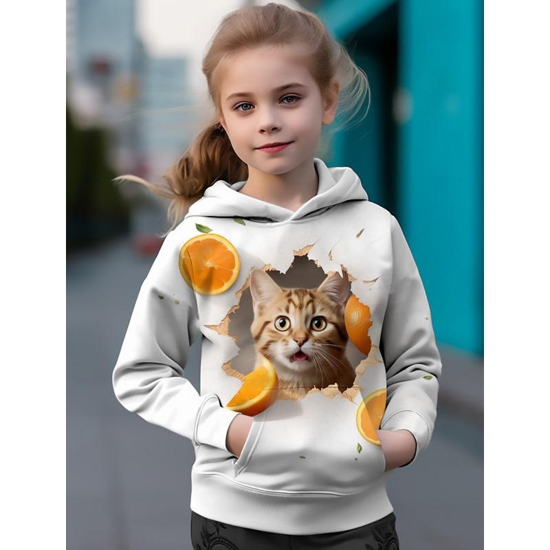 ETST 007 Kinderen Hoodies 3D Print Cartoon Kat Oranje Motieven Streetwear Jongens Meisjes Sweatshirts Oversized Hoodie Kawaii Truien Trainingspakken 160CM