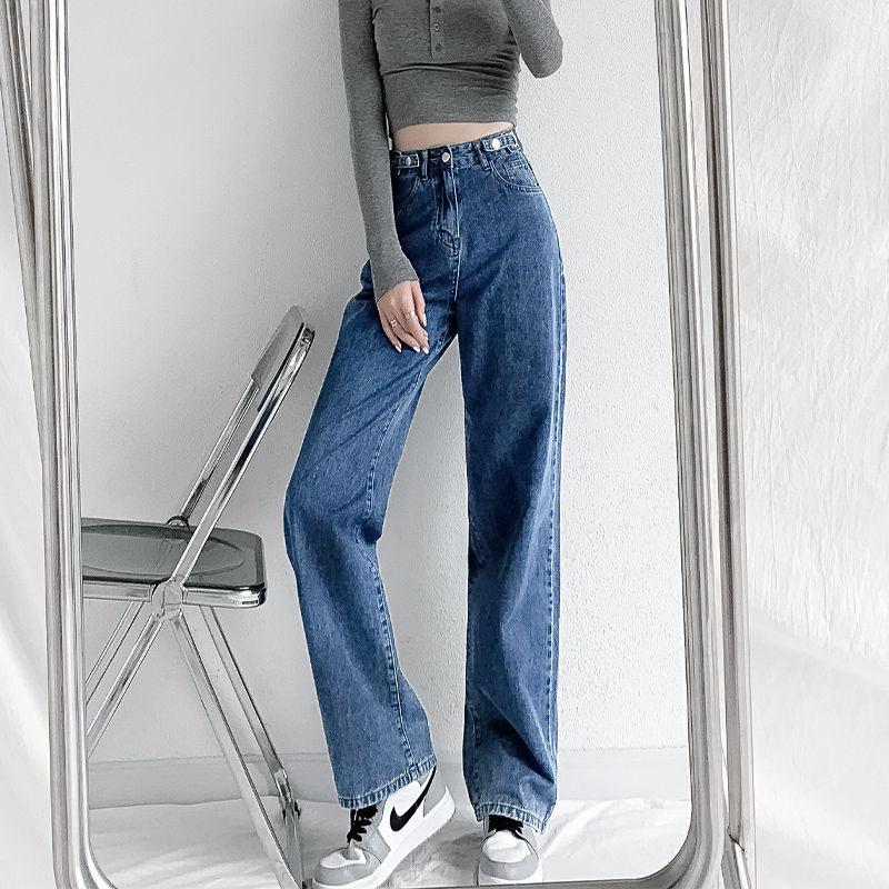 VantaGoods Retro verstelbare taille wijde pijpen jeans voor dames - vroege herfst losse pasvorm, rechte broek tot op de grond Medium