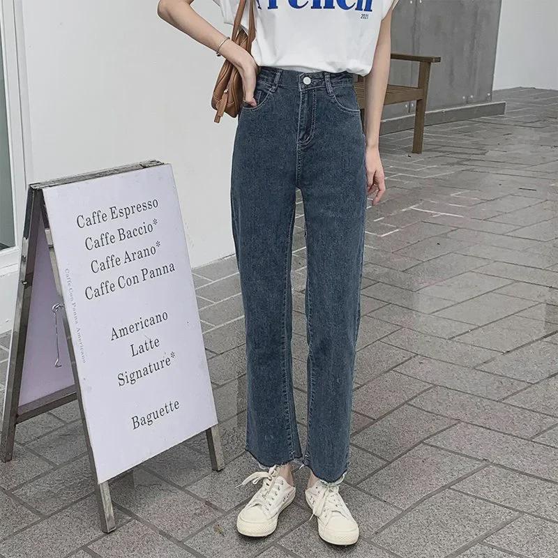 VantaGoods Blauwgrijze hoge taille slim straight jeans voor dames - Herfst/winter elastische raw edge sigarettenbroek (Kleine maat) 28