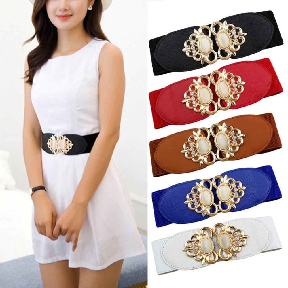YCtaoyi Casual Wild Rok Banden Brede Elastische Taille Riem Retro Gesp Tailleband Dames Jurk Cummerbund zwart