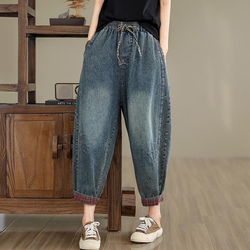Geener Lente Zomer Effen Kleur Hoge Taille Dunne Stijl Enkellange Broek Vrouwen Elastische Taille Geborduurde Zakken Cowboy Haren Broek S blauw