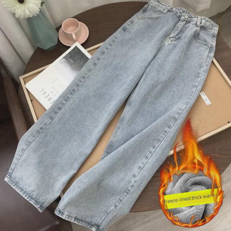 VantaGoods Meisjes's hoog getailleerde fluwelen gevoerde wijde Koreaanse jeans - Warm, slankmakend en tot op de grond L