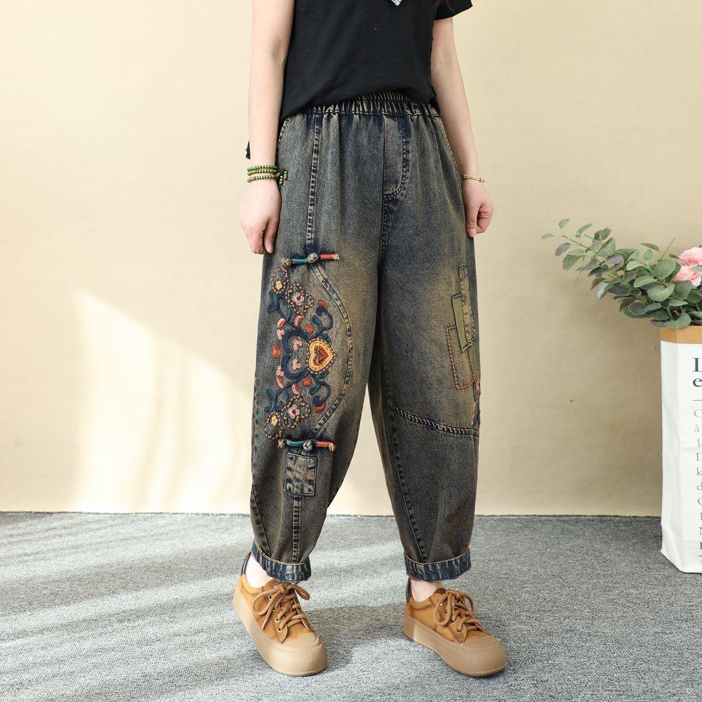 HOY Retro gekleurde gesp geborduurde 2025 lente zomer jeans voor dames, losse pasvorm geborduurde 9-inch harembroek denim broek L