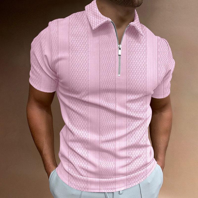 HerSight Zomer herenpoloshirt effen korte mouw polohals T-shirt casual verticale jacquard herentop S licht kaki kleur