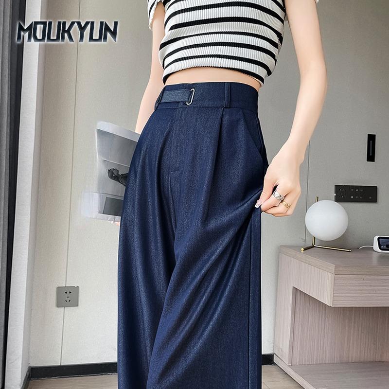 MOUKYUN High-Waisted Jeans Dames Zomer Dunne Hoogte-Boostende Ice Silk Wijde Broek XXL donkerblauwe kleur