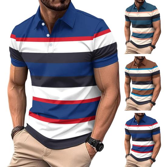 Charman Heren gestreepte revers T-shirt Casual korte mouw Golf T-shirt Zakelijk kraag T-shirt Top voor sport Golf Reizen Kantoor Feesten Dagelijkse kleding M koffie