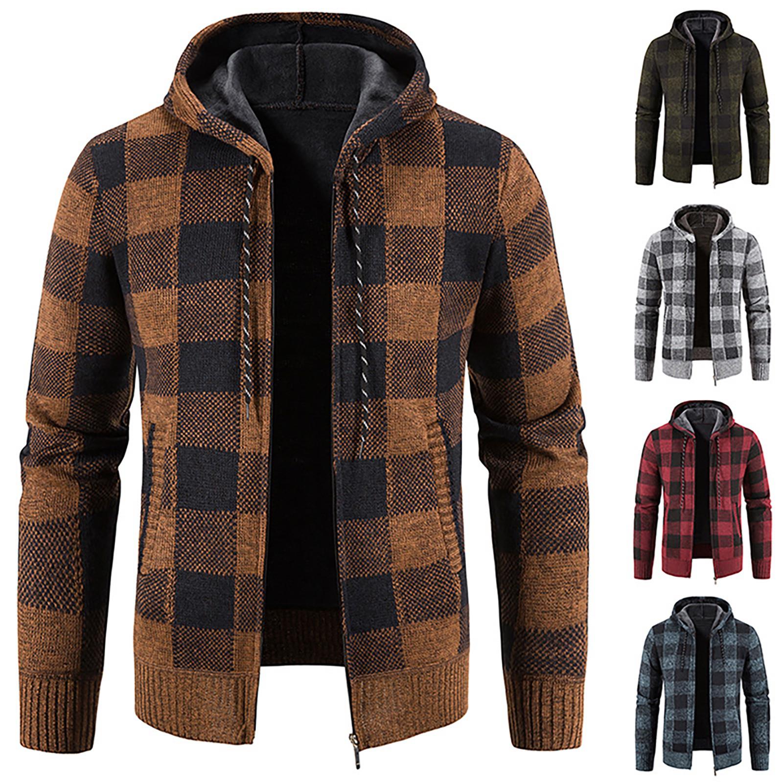 Niubiplus Herenjas met capuchon, pluche, geruit breiwerk met trekkoord, trui, warme effen kleur jassen, tops XL wijn