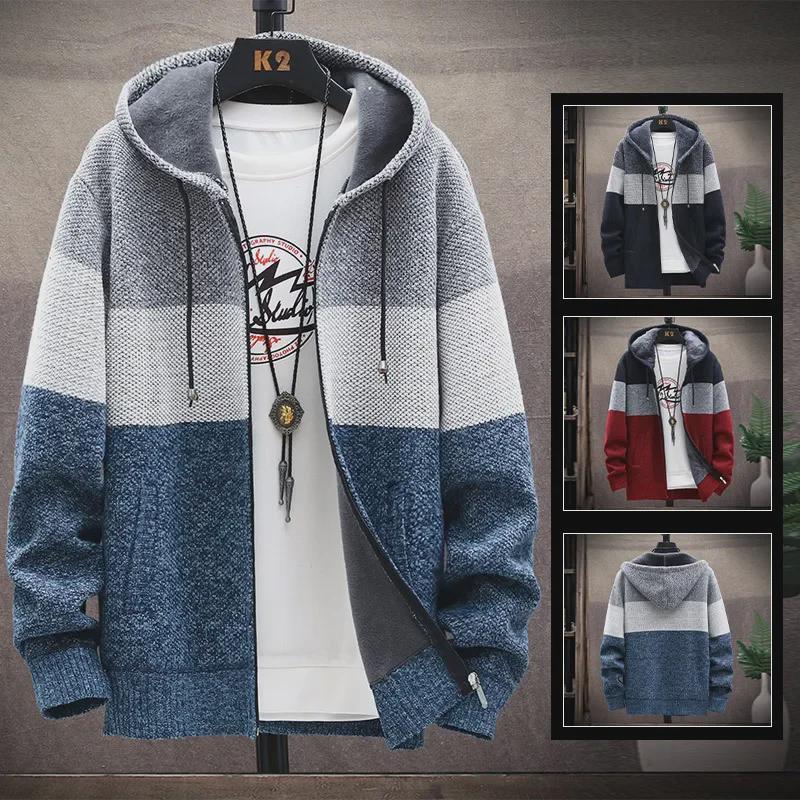 VantaGoods Heren losse gebreide cardigan trui met capuchon - Plus Size, Dik fluweel, Lente/Herfstkleding L lichtgrijze kleur
