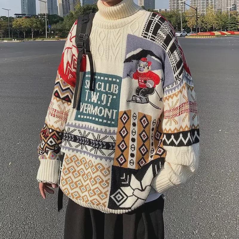 VantaGoods Amerikaanse retro kersttrui voor heren, hoge kraag, Japanse stijl, herfst/wintertrend, bovenkleding voor koppels. 2XL blauw