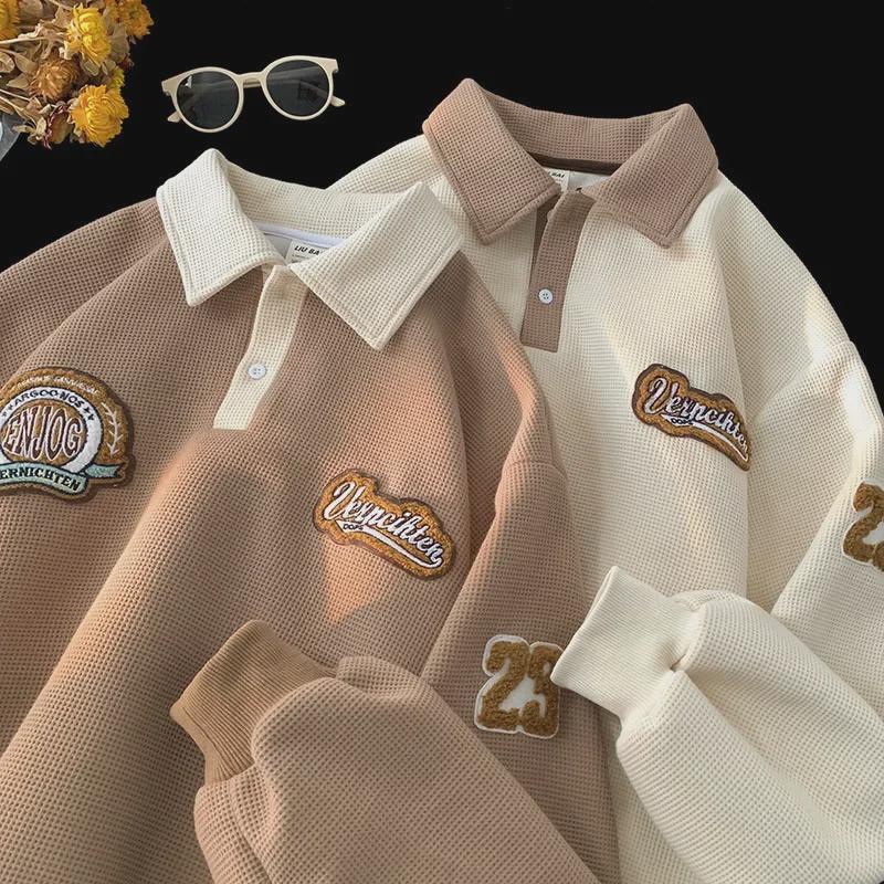 VantaGoods Heren wafel polo sweatshirt: Trendy geborduurde retro revers, lange mouwen jas voor lente en herfst L zwart