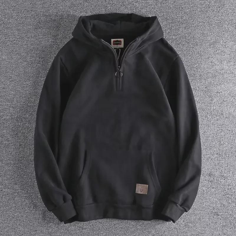 VantaGoods Heren Retro Heavy Thickened Half-Zip Hooded Sweatshirt met Zakken - Stand Collar Jeugd Top 2XL rood
