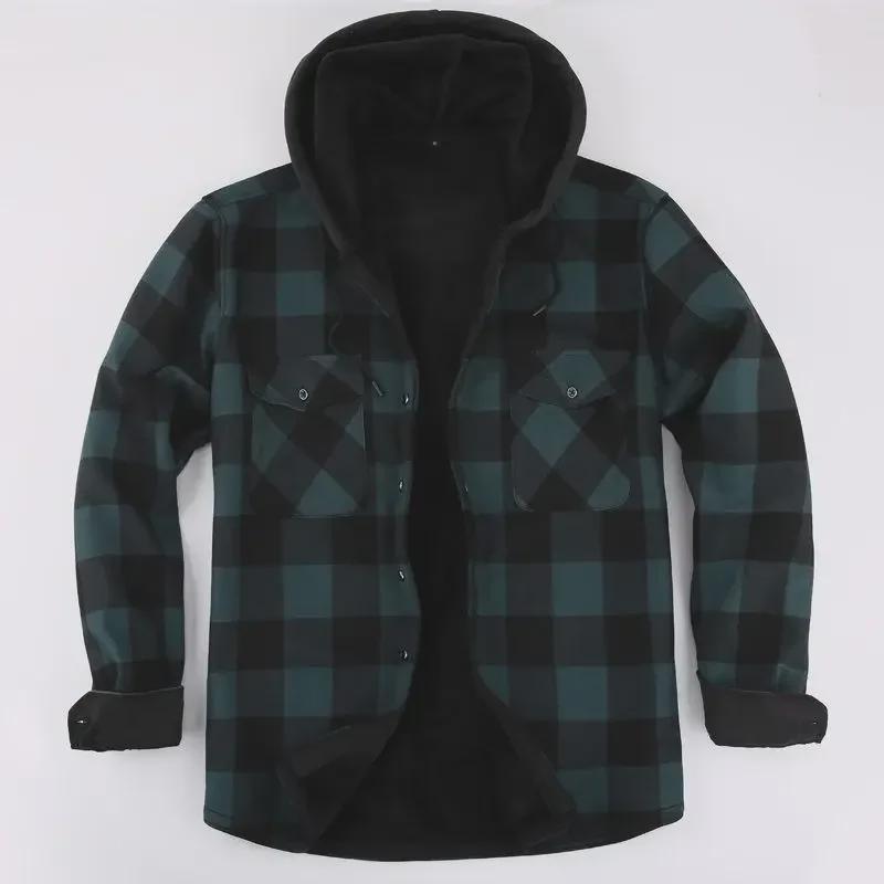 VantaGoods Heren extra groot geruit capuchonoverhemd: Warme, fluwelen gevoerde, lange mouw, herfst/winter top M