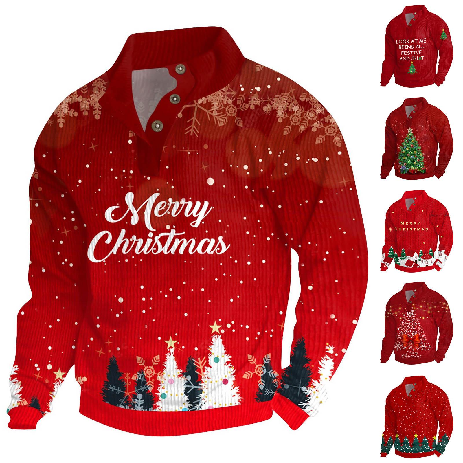 Wahaha123 Heren Kerst Katoenen Pullover Lange Mouw Outdoor Shirt Vintage Corduroy Knoop Stand Kraag Shirt Casual Sweatshirt Kerst Print Top XL rood
