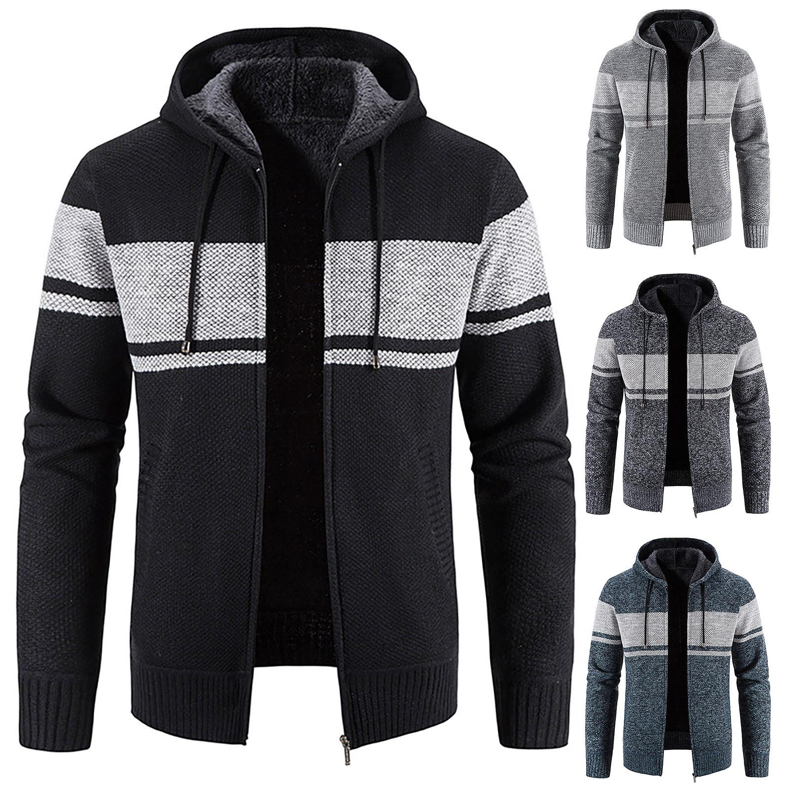 Timoduizhang Herenjas met capuchon, pluche, geruit breiwerk met trekkoord, trui, warme effen kleur jassen, tops L zwart