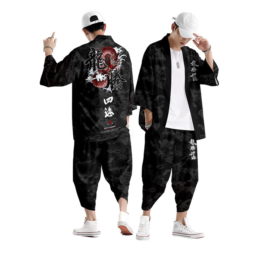 SHIZI Mannen Cosplay Yukata Tops Broeken Chinese Stijl Japanse Straat Samurai Harajuku Kimono Pak Cardigan XXL
