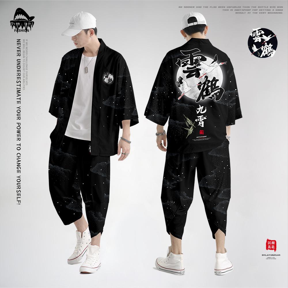 SHIZI Mannen Cosplay Yukata Tops Broeken Chinese Stijl Japanse Straat Samurai Harajuku Kimono Pak Cardigan XXL