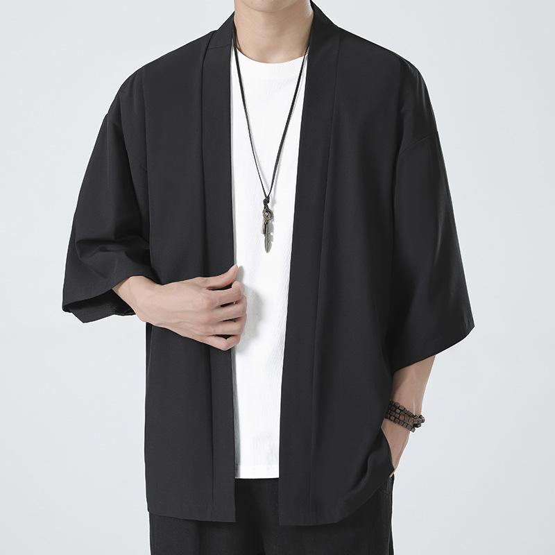 LAOHU Heren lichtgewicht kimono's traditionele Japanse kleding heren open voorkant vest mantel jas jas zwart L wit