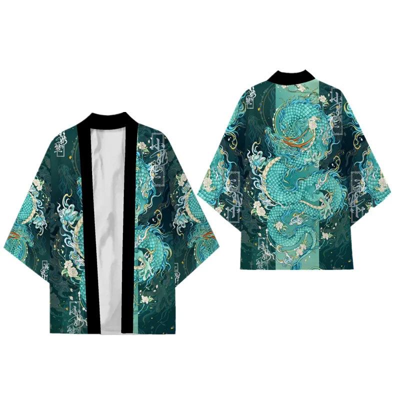 Green-Fashion home Chinese Stijl Draak Retro Ukiyo-e Japans Harajuku Kimono Mantel Veer Geweven Gewaad 3D Digitaal Bedrukt Vest Zomer Lente 5XL