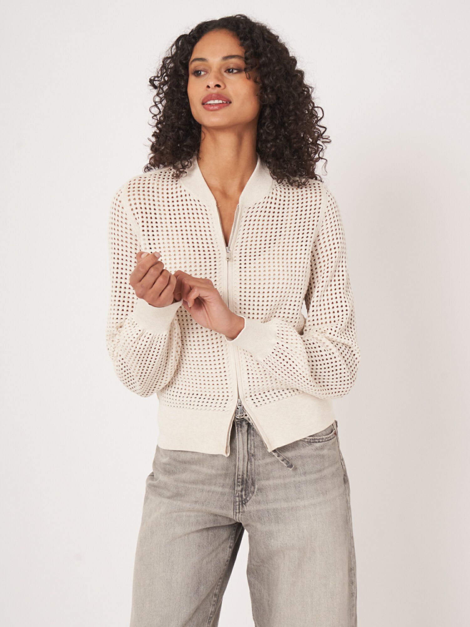 REPEAT cashmere Ajour vest met baseball-kraag en rits