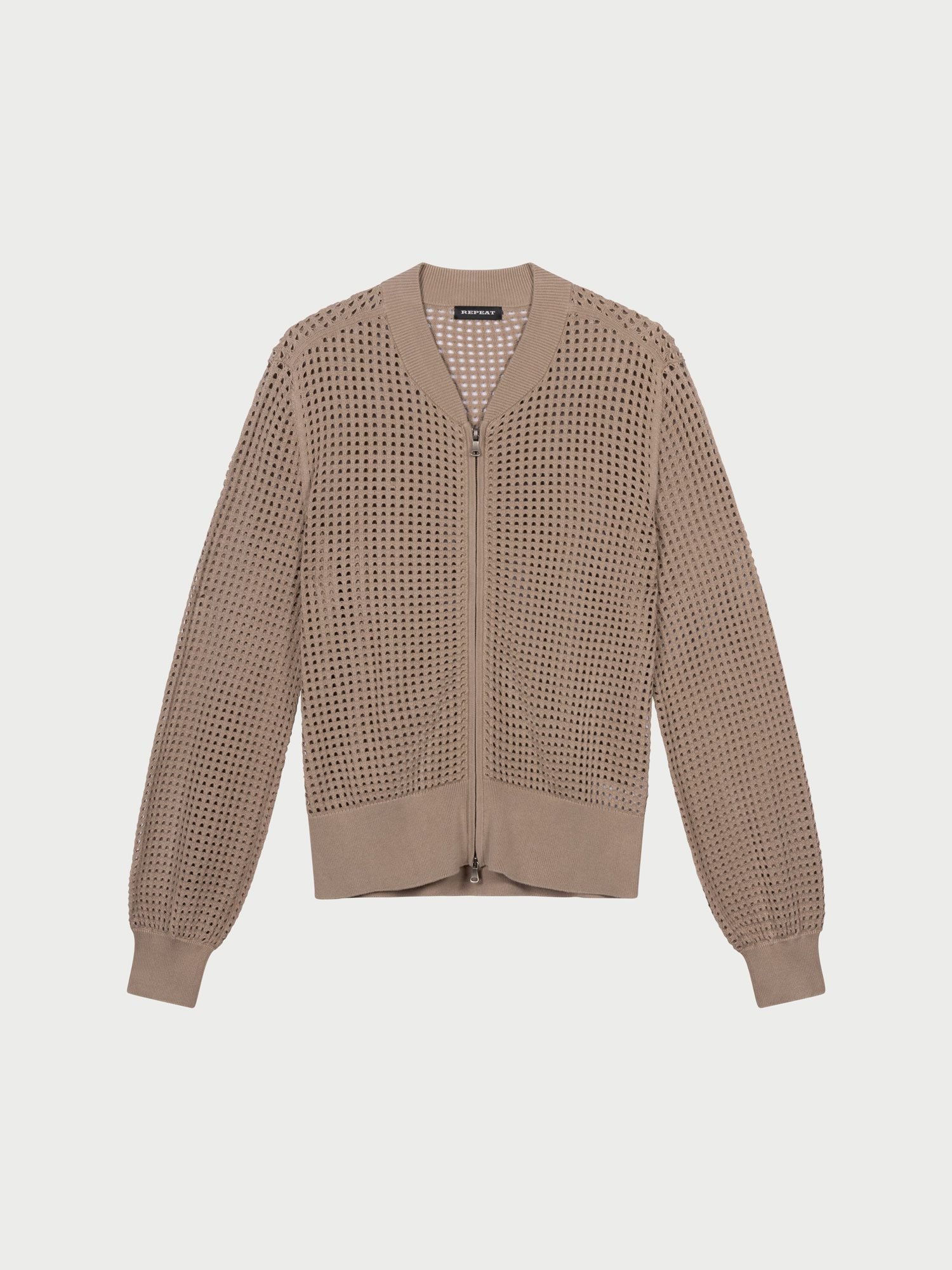 REPEAT cashmere Ajour vest met baseball-kraag en rits