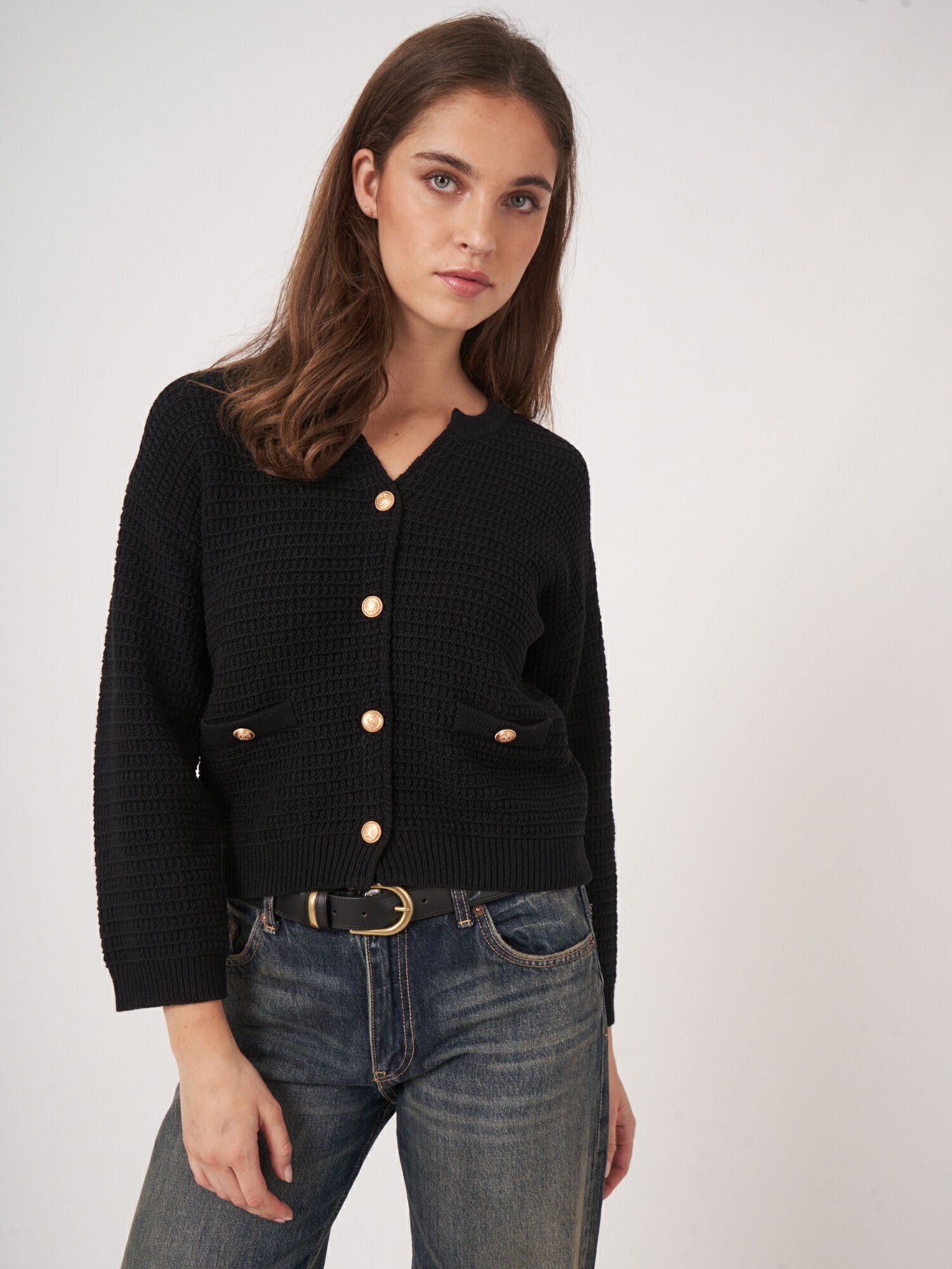 REPEAT cashmere Cardigan met textuur van zuiver katoen