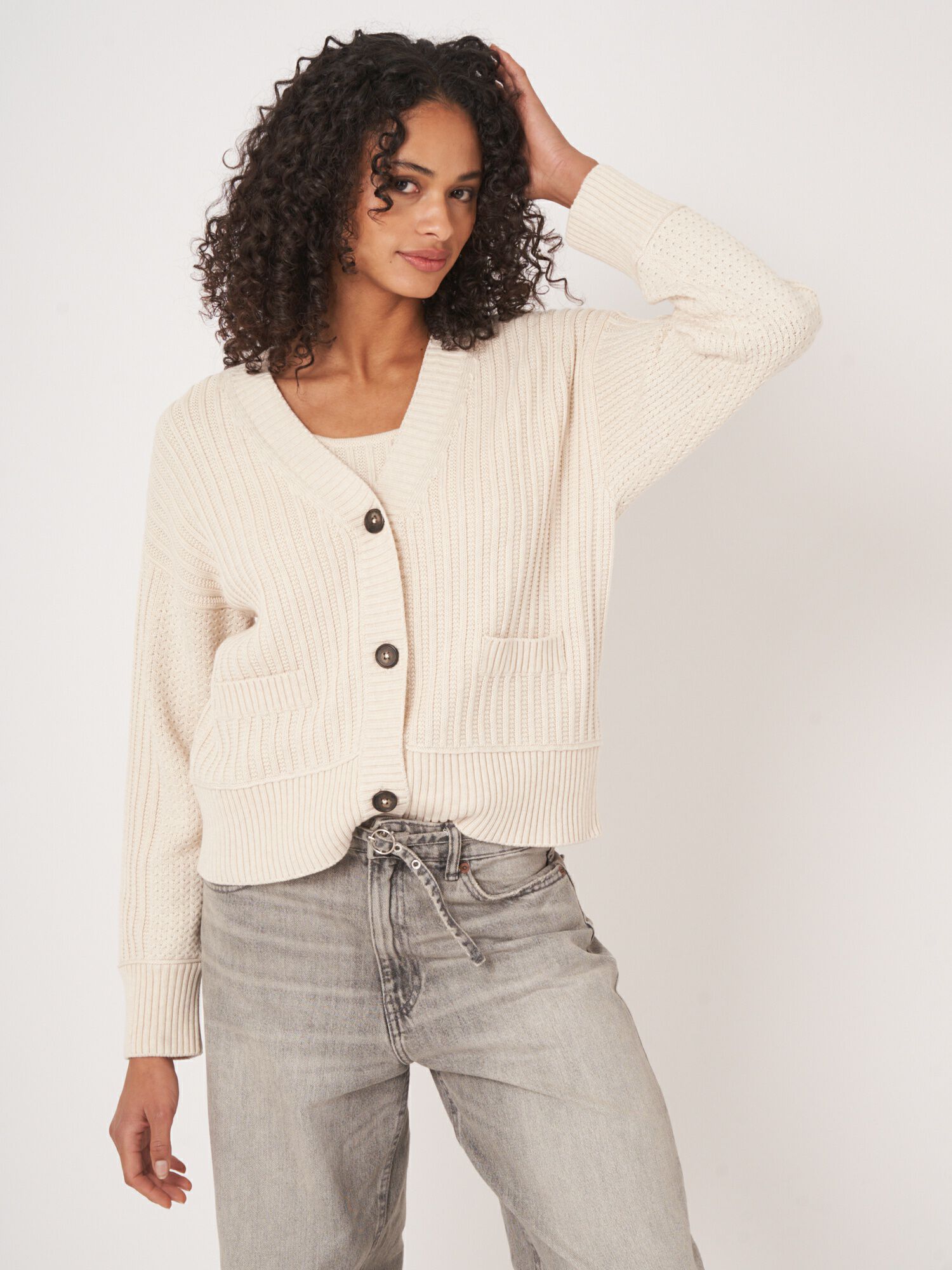REPEAT cashmere Katoenen cardigan met verschillende gebreide texturen