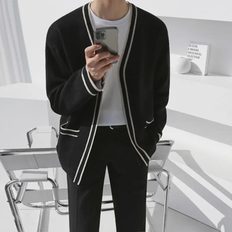 VantaGoods Gebreide V-hals cardigan trui voor heren - Lente/herfst Koreaanse casual losse top 3XL zwart