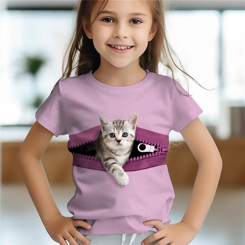 ETST0013 Kinderkleding voor meisjes 3D-kattenprint T-shirt met korte mouwen Kinderkleding Modekostuums voor meisjes Top voor de leeftijd van 2 tot 12 jaar 160