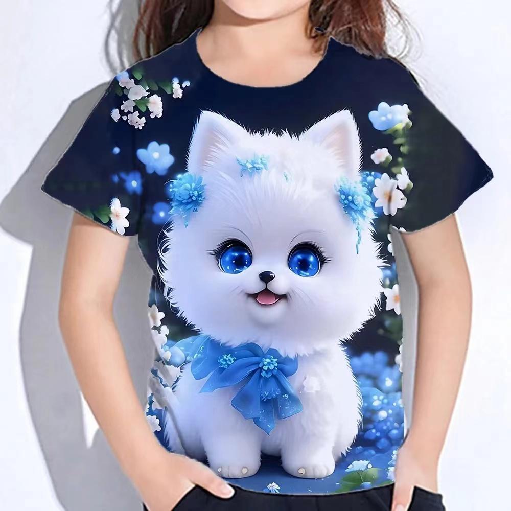 ETST0013 Tops voor kinderen korte mouwen zomer kat T-shirts meisjes kinderkleding 3d print T-shirts Koreaanse kawaii T-shirts van 10-14 jaar 160