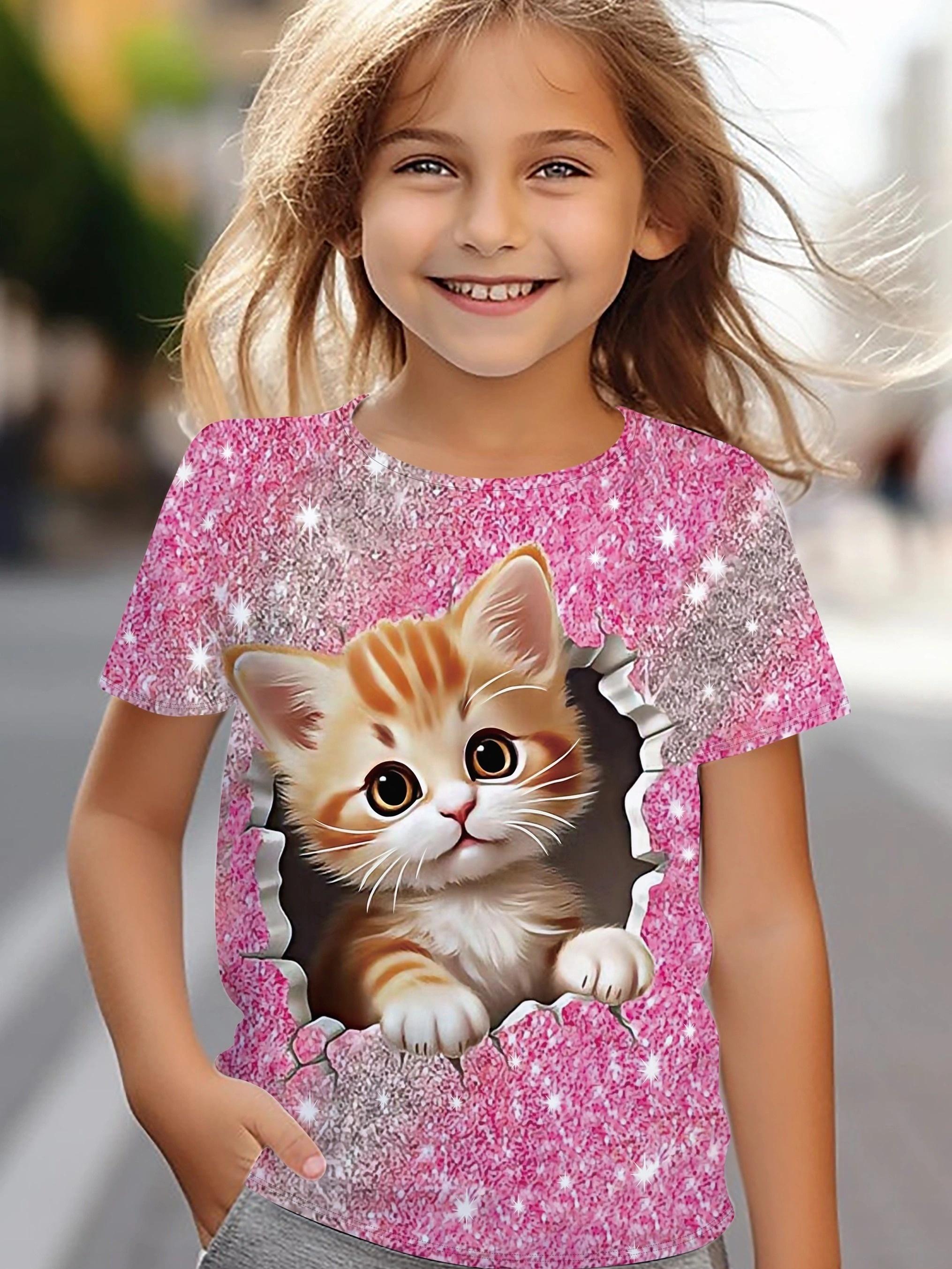 ETST WENDY 09 Schattig kitten grafisch print kinder T-shirt ronde hals korte mouwen topjes casual T-shirt voor kinderen meisje zomer buitensporten 120