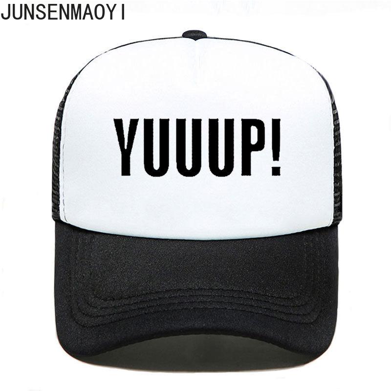 91530112MAC1H7JY0E Nieuwe zomerse stijl, grappig voor volwassenen YUUUP! Print letters Baseballpet Hoge kwaliteit Unisex Trucker Hat Verstelbare hoeden Adult Size 55to58cm