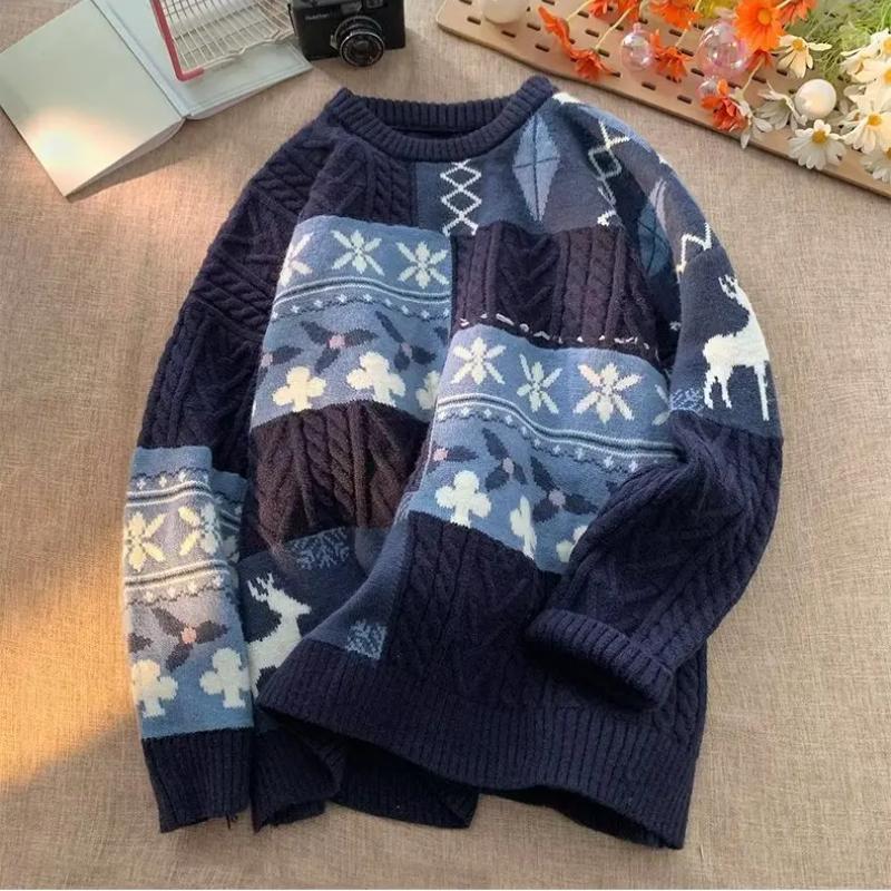 VIYOO Herfst en winter trendy retro losse buitenboord trui luie stijl ronde hals trui kleur bijpassende trui voor mannen S-3XL 3XL bruin