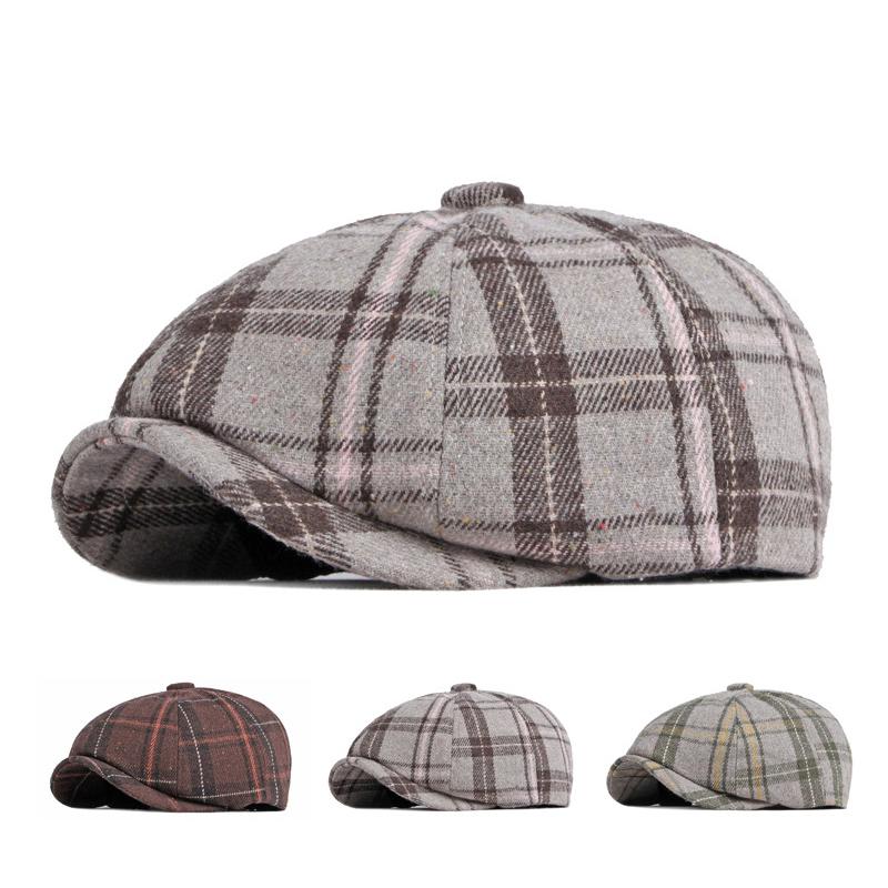 ONIHUA Hoed Mannen Autumnwinter Warm Britse Retro Achthoekige Hoed Plaid Baret Vrouwen Krantenjongenspet Gatsby Schilders Hoeden Gorro Hombre Boina lichte koffiekleur