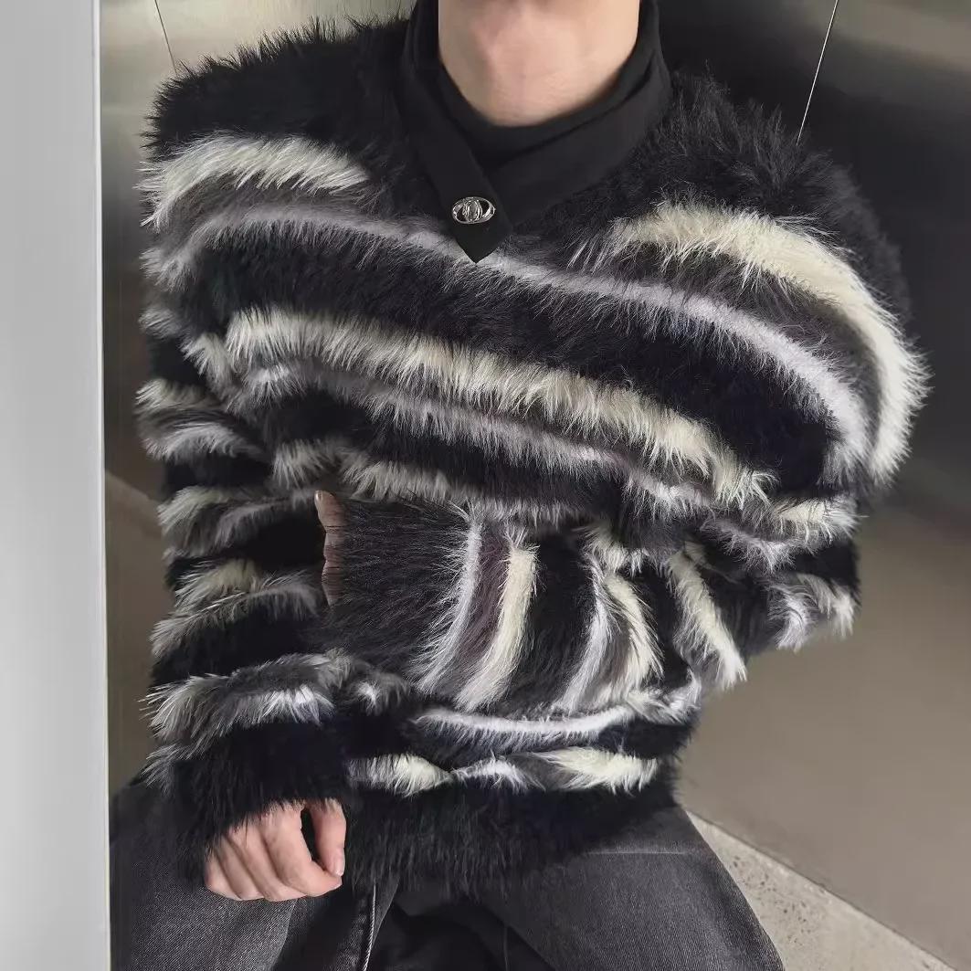 VantaGoods Heren Pluche Mohair Zwart & Wit Gestreepte Trui - Hoogwaardig Eenvoudig Gebreid Ontwerp 2XL blauw