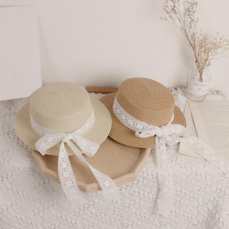 BOOSKU Kinderen Zomer Stro Zonnehoed Emmer Cap Eenvoudige Kant Strik Platte Top Strohoed Kant Prinses Caps Panama Head circumference 54cm