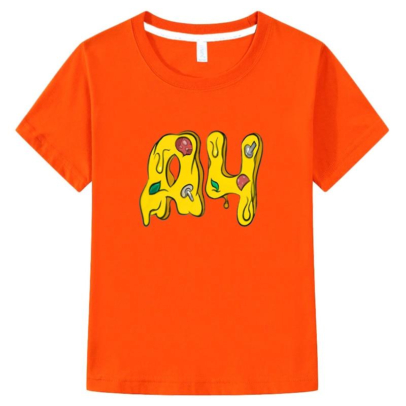 Rice grain childrens clothing factory direct sales T-shirt met de inscriptie  Pizza a4.  A4 Kinder T-shirt Donuts A4 Korte mouw katoenen T-stukken Leuke Merch A4 Print y2k Jongen meisjes kleding 150 blauw
