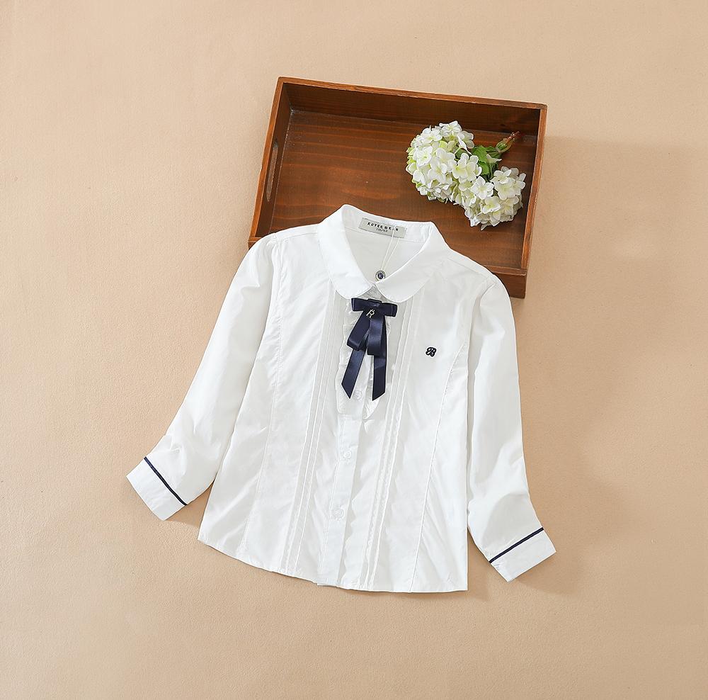 Kuyeebear Meisjes witte blouses met ruches en lange mouwen Lente herfst katoenen button-down shirts Mooie strik Causale kleding 160 wit