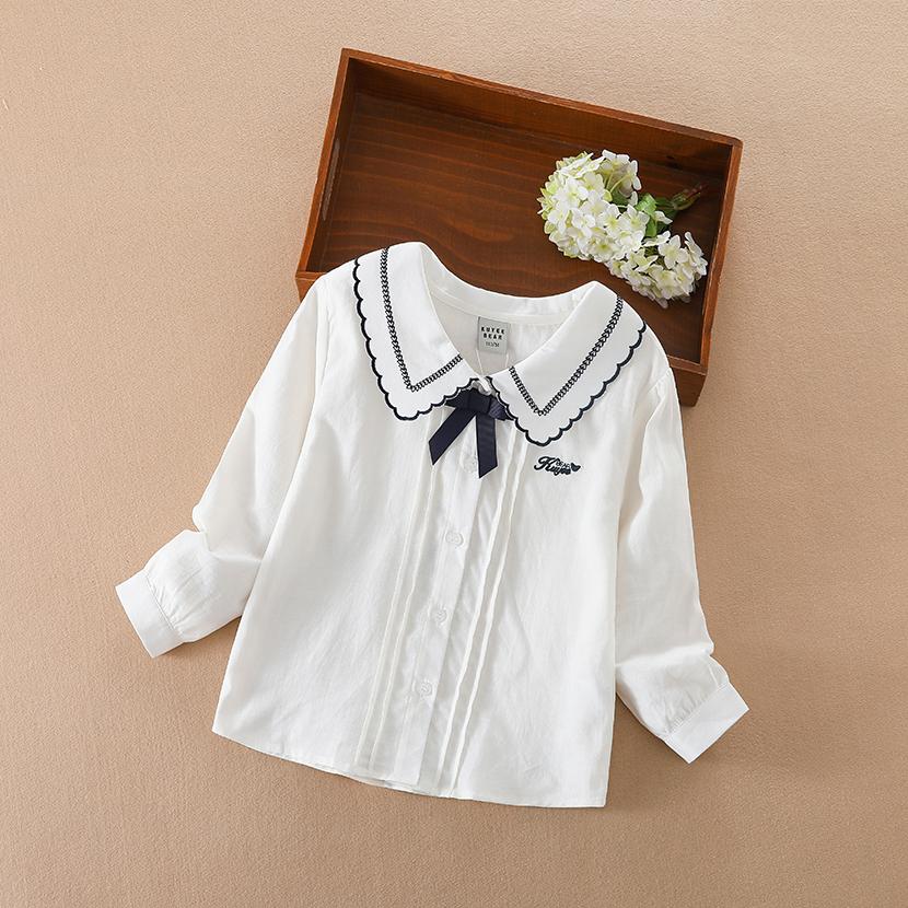 Kuyeebear Meisjes Wit Shirt voor Kinderen Lente Herfst Koreaanse Mode Kinderen Lange Mouwen Leuke Strik T-Shirt Katoen Casual Top Kleding 120 wit